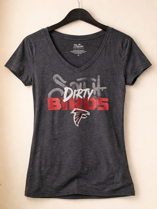 Majestic Tops - Majestic Charcoal V-Neck Tee with Red and White 'Dirty Birds' Graphic